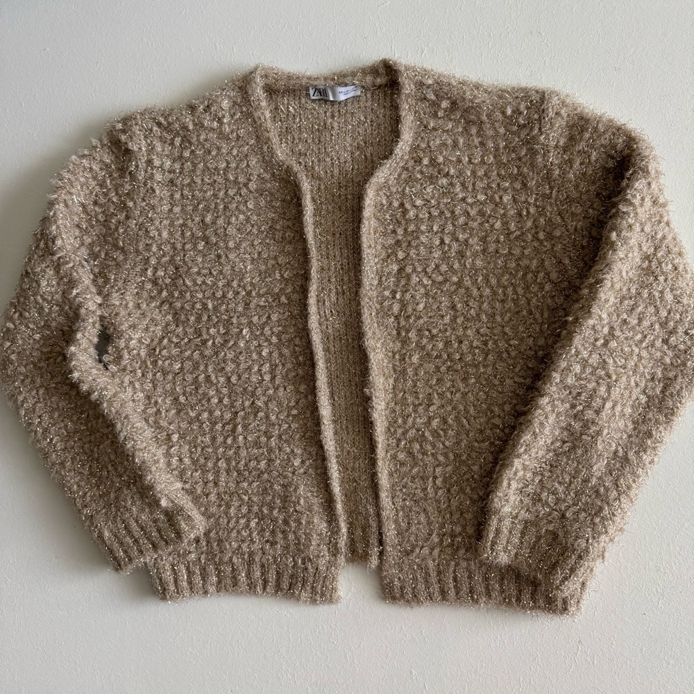 Zara Textured Beige Gold Metallic Open-Front Cardigan Size L